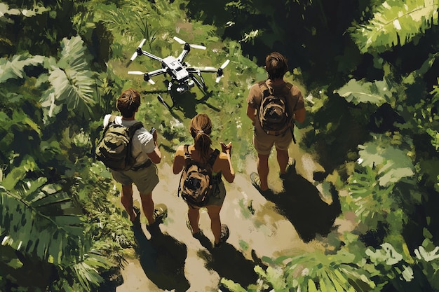 Call of Duty soldier using a tactical drone in a dense Mexican jungle environment, scouting for enemy positions. The image should convey a sense of tension and realism.