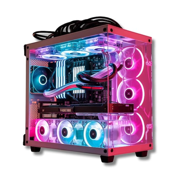 A digital artwork depicting a modern gaming PC tower with glowing components and the Rockstar Games logo subtly integrated. The background shows blurred city lights, suggesting high-performance gaming in an urban environment.