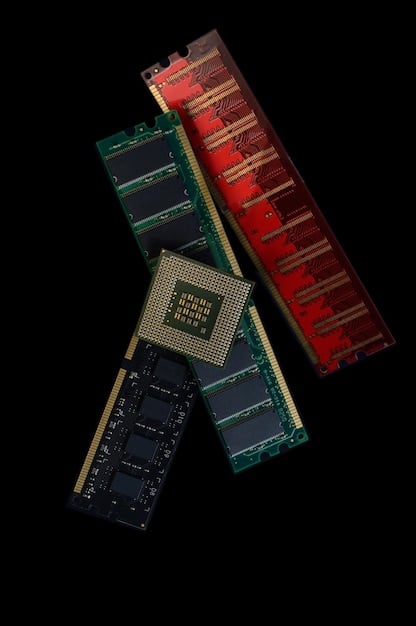 A close-up of various PC components, including a CPU, GPU, RAM modules, and an SSD, all arranged aesthetically. The components glow with RGB lighting, suggesting high-performance gaming hardware.