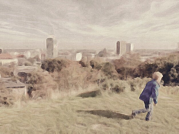 A digital painting of Ellie, older and more weathered, standing on a hill overlooking a ruined city, holding her guitar and gazing at the horizon with determination.
