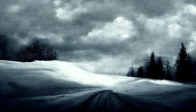 A hauntingly beautiful image of a snowy mountain range with a solitary, dark forest in the foreground. This landscape evokes a sense of isolation and danger, suggesting a possible area for exploration and survival in Resident Evil 9.
