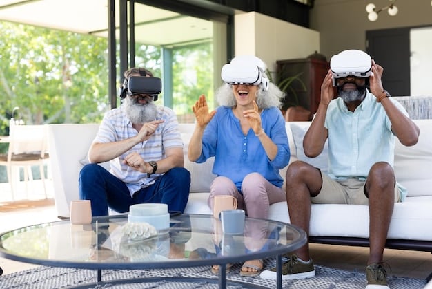 A diverse group of Mexican gamers wearing VR headsets, fully immersed in a virtual reality game demo at the E3 expo. They are reacting with excitement and surprise, gesturing with their hands. In the background, there are screens displaying what the gamers are experiencing in VR.