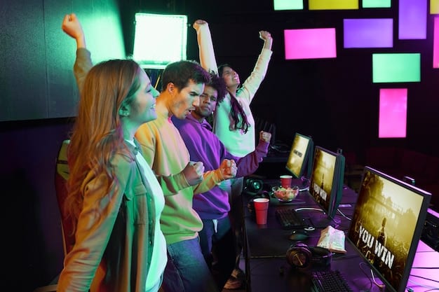 A wide shot of a major eSports tournament being held in Mexico City. The venue is packed with fans, and large screens display the gameplay. A sense of excitement and energy fills the room.