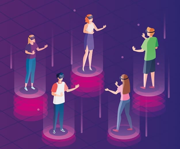 A brightly lit tech expo showcasing a variety of VR headsets on display stands. Visitors are trying out the headsets with enthusiastic expressions. The VR stations are set up with informational signage and interactive demos.