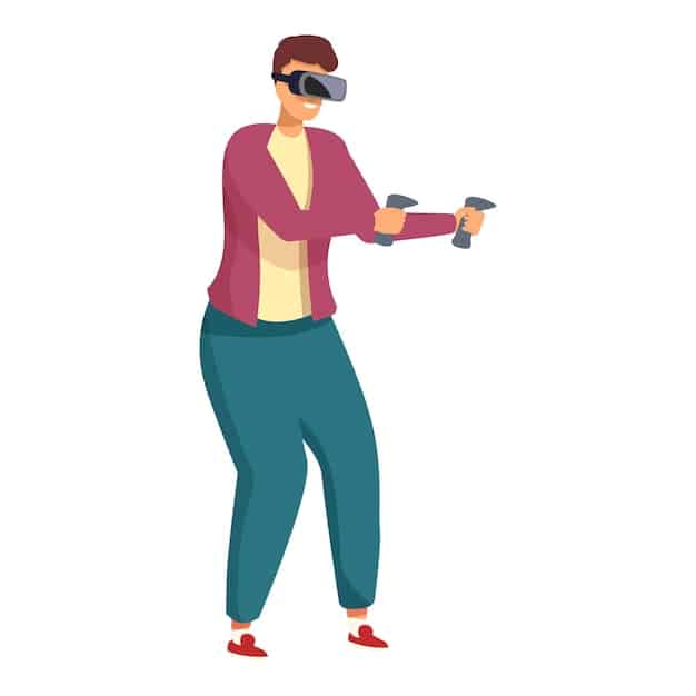 A user with a VR headset on, gesturing and interacting with a virtual environment. The virtual scene is vividly displayed in their headset, and their movements are being accurately tracked by external sensors.