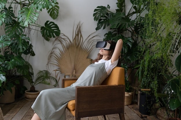 A person sitting on a couch, looking slightly green and holding their head while wearing a VR headset. The background is a blurred living room.