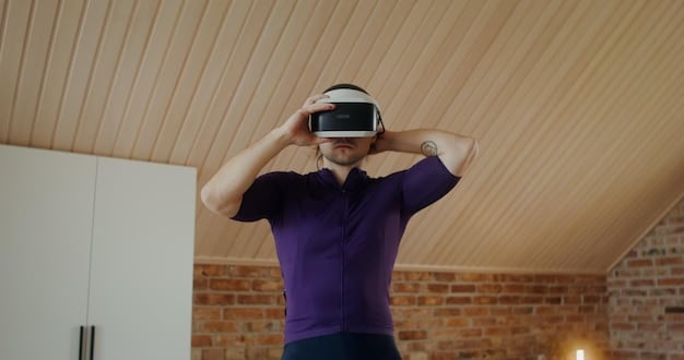 A high-resolution, wide-angle image showcasing a player wearing a VR headset fully immersed in a racing game. The player's hands are on a realistic racing wheel, and the background reflects the intense, fast-paced visuals of the game.