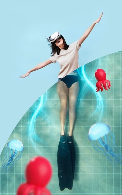 A futuristic concept art image depicting a person fully immersed in a virtual reality life simulation, wearing a VR headset and haptic suit. The virtual environment shows a bustling city street with advanced technology.