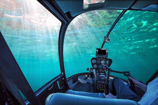 A wide shot capturing a player piloting the Kraken submarine underwater in GTA V. The submarine is brightly lit, showcasing its design, with various sea creatures and coral reefs clearly visible in the background.