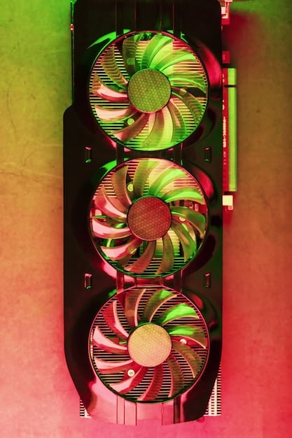 A detailed render of a futuristic-looking graphics card, showcasing advanced cooling system, illuminated RGB elements, and intricate circuit board design.