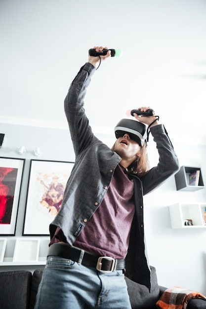 A user fully immersed in a VR game, wearing a sleek VR headset and holding controllers, in a modern living room setting in Mexico City. The room features contemporary furniture and large windows overlooking the city skyline.