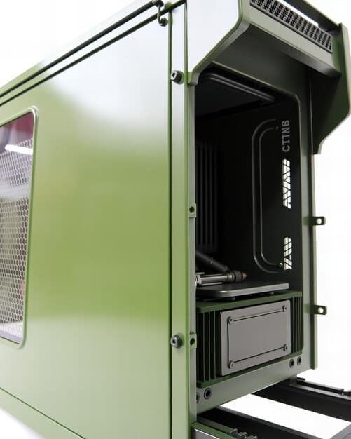 A detailed 3D rendering of a custom PC case design, showcasing the internal components, cable management, and airflow pathways. The design includes precise measurements and annotations for each component.