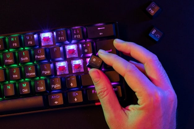 Close-up of a hand pressing a key on a mechanical gaming keyboard with RGB lighting, showcasing the keycap and switch mechanism. Focus on the tactile feedback and responsiveness.