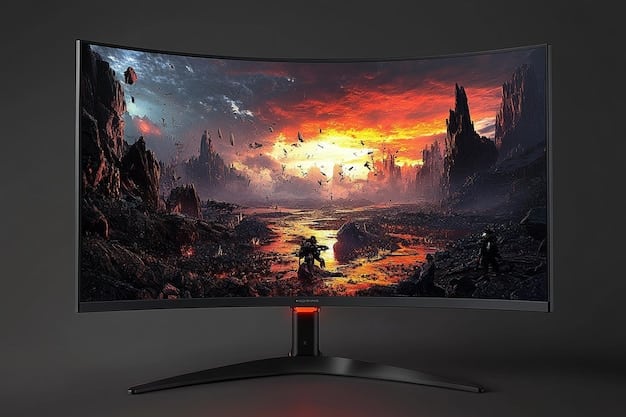 A close-up of a curved gaming monitor displaying a vibrant and detailed game scene, showcasing the high refresh rate and resolution. The monitor is surrounded by other gaming peripherals and accessories.