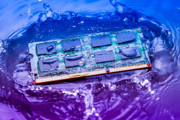 A detailed shot of an NVMe SSD installed on a motherboard, highlighting its compact size and the interface. The image should emphasize the speed and efficiency of the SSD.